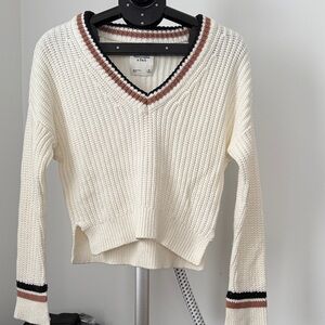 Abercrombie & Fitch Cream V-Neck Sweater with Brown and Black Stripes